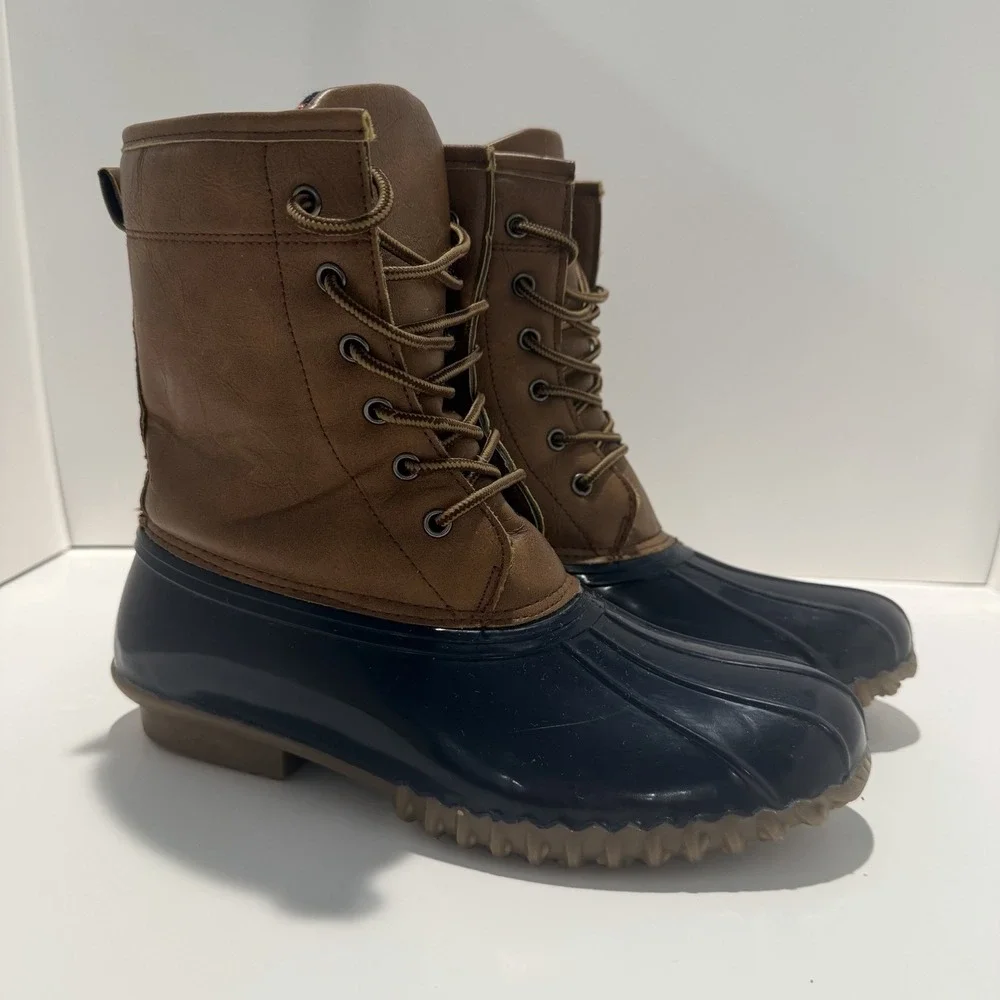 Charles Albert Duck Boots Vegan Leather Women's Size 9 Gardening Rain Tan / Navy